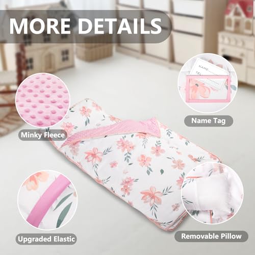 Image of Primlect Thickened Toddler Nap Mat with Removable Pillow and Minky Blanket, Extra Large 55''x35'' Sleeping Bag, Washable, Roll up, Perfect for Daycare, Preschool, Kindergarten, Boys and Girls Flowers