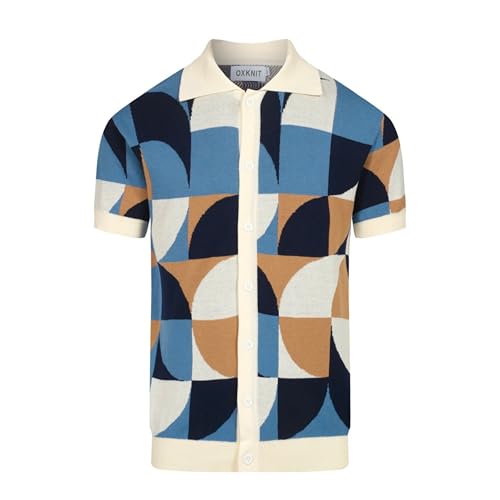 Vintage Polo Shirt for Men's Geometric Patterns Knitted Short Sleeve Poloshirt White Blue
