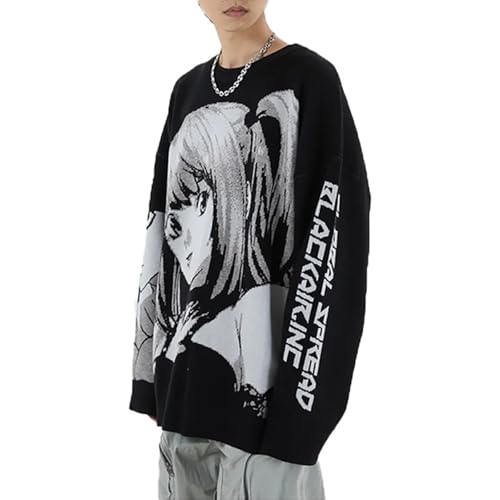 Black Anime Girl Doll Sweater Hip Hop Loose Wind Long Sleeve Round Neck Pullover Knit Sweater4