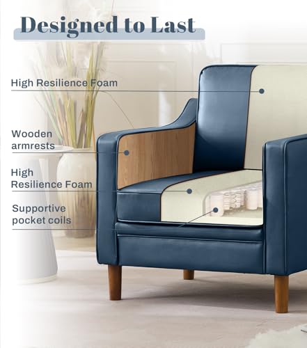 Image of Kingfun Accent Chair Set of 2, Living Room Chairs, Faux Leather Reading Armchair, Mid Century with Solid Wood Foot, Upholstered Modern Decor for Bedroom, Apartment