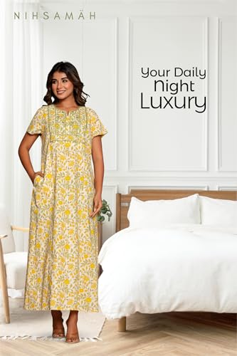 Image of NIHSAMAH Cotton Nighty for Women - Printed Stylish Night Gown, Comfortable Sleepwear Long Nightwear, Maxi
