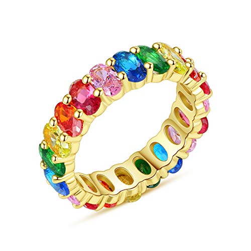 CZCITY 18K Gold Plated Rainbow Eternity Rings for Women Oval Cut Crystal Multi Color Cubic Zirconia CZ Ring/Emerald Cut Created-Gemstone Ring Size 7