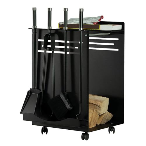Leñera con ruedas acero negro 45 x 38 h 70 cm. con 4 accesorios. Fabricado en Italia por Comex Production