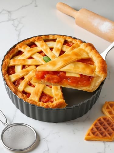 Yamteck 9.5*2.2 Inch Deep Tart Pan w/ Pie Cake Server. Removable Bottom, Non-Stick Coating, Rugged Carbon Steel for Tart Quiche Baking. Gift for Women Wife Christmas Thanksgiving Party Festival Family