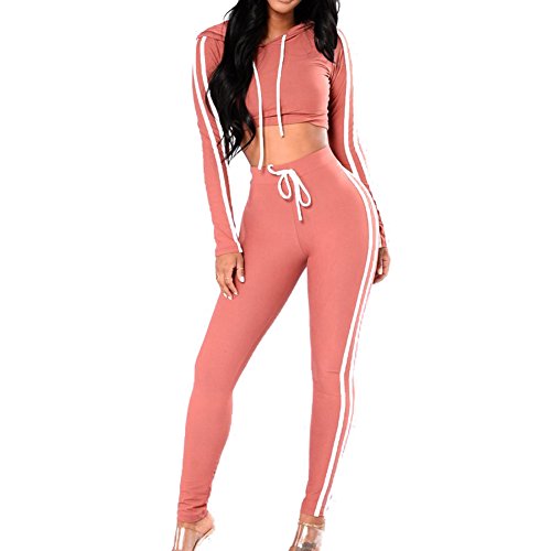 Meedot Femmes Tenue Sport Ensemble Survêtement - 2 Pièce Joggeur Tenue Loisir Costume Longue Manche Surgir Tops Sweat à Capuche Sweat-Shirt + Sport Pantalon Jogging Fonctionnement Rose L