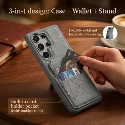 Image of amazon basics Premium Vegan Leather Back Cover with Card Holder and Integrated Mobile Stand for Samsung Galaxy S26 Ultra 5G - Slim Shockproof Wallet Case with Geometric Stitching [Gray]