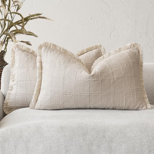 Image of Foindtower Set of 2 Decorative Linen Check Fringe Throw Pillow Covers Farmhouse Lumbar Cushion Covers Modern Boho Home Decor for Sofa Chair Couch Bedroom Living Room,12x20 Inch,Natural Beige