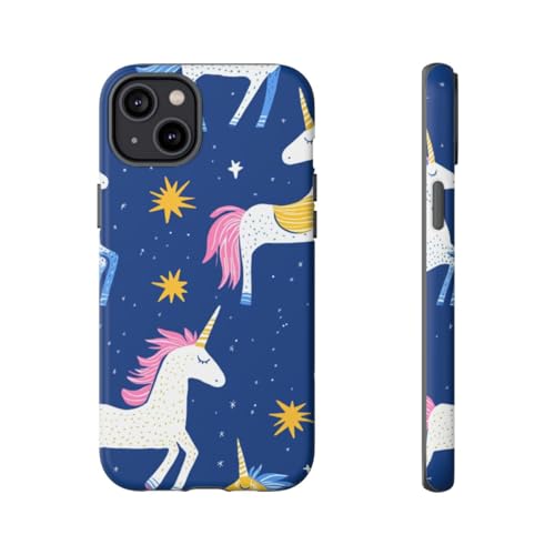 Coque iPhone 14 Plus licornes étoiles rigide mate bleue antichoc