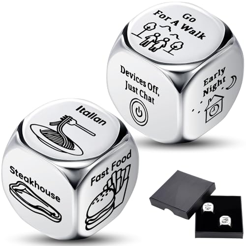 Poen 2 Pcs Food Decision Dice Game Decider Dice Valentines Day Gifts for Couple Anniversary Stainless Steel Dice for Him Her Stocking Stuffers Gifts for Women Men Adults Date Wedding Funny Gifts