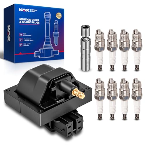 Image of KAX Ignition Coil & 8 Spark Plugs Set for C1500 K1500 | (w /tool) Fits C1500 1988-1995 5.7L /4.3L /5.0L, K1500 1988-1995 5.7L /4.3L /5.0L, S10 1988-1995 4.3L, S10 1985-1993 2.8L, DR37