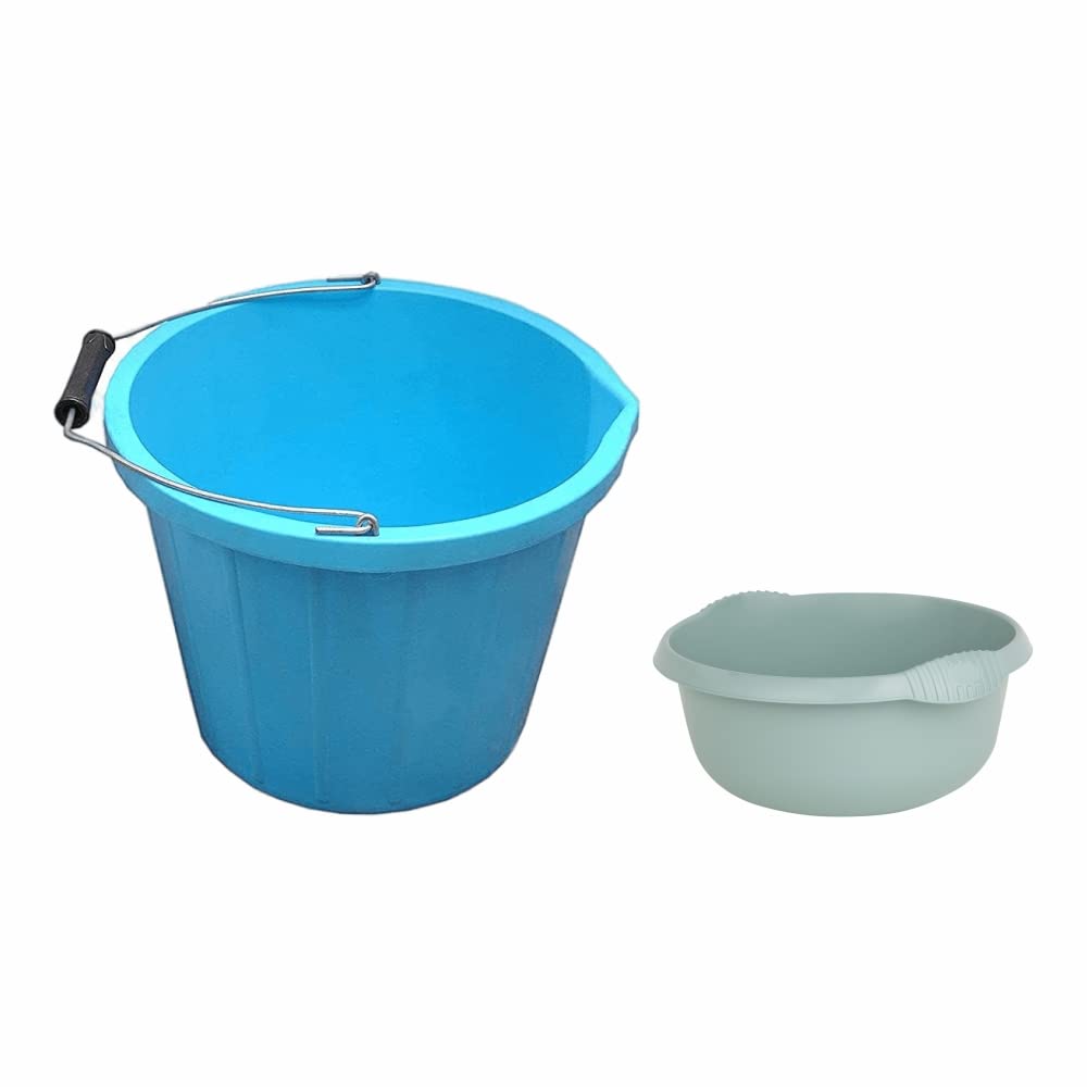 M1ss Blue, Silver Sage Set Of 3 Gallon 14L Plastic Bucket With 5L Round Bowl 28Cm Plastic Bowl – Plaster Builder Bucket Tub Trugs Horse Feeder With Washing Up Bowl Integral Handles Home, Kitchen (Blue, Silver Sage)