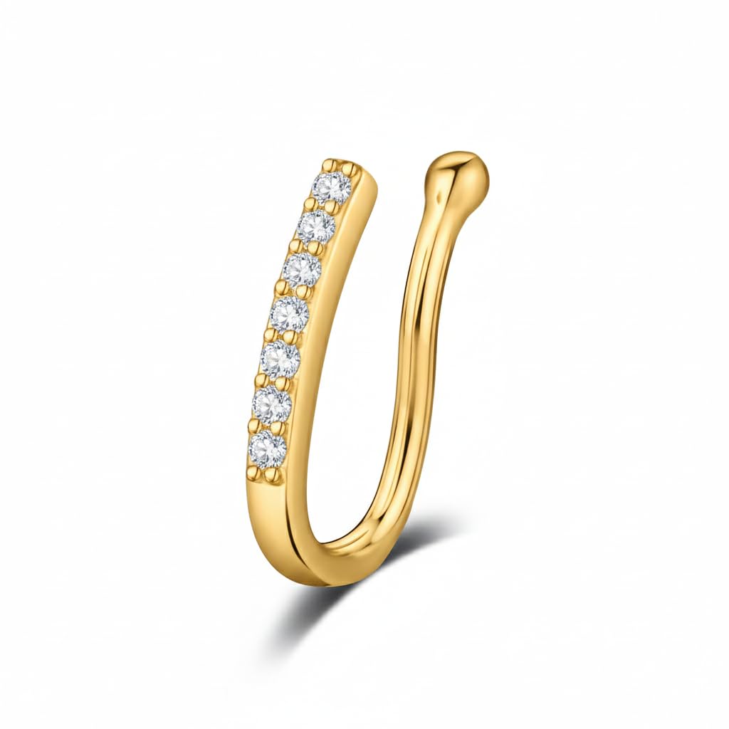 Line Shape Nose Rings & Ear Clip On Nosepin Without Piercing Cubic Zirconia Pin Non Pierced Adjustable Just Press for Women & Girls Septum Ring