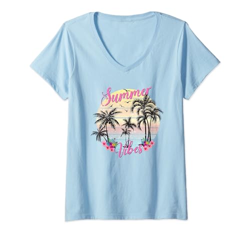 Womens Retro Summer Vibes Groovy Beach Lover Vacation Break Women V-Neck T-Shirt