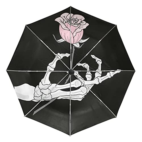 Parapluie automatique coupe-vent squelette rose crâne noir ultra-léger