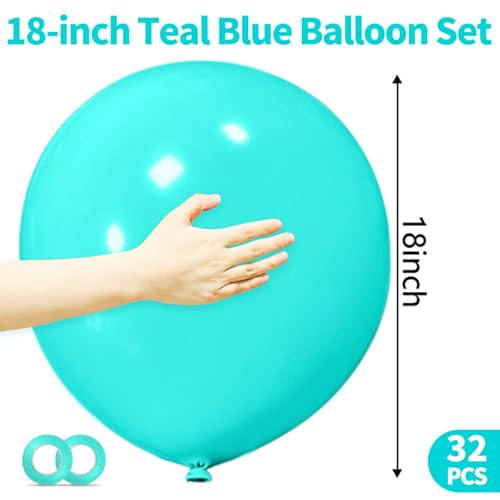 Image of 32Pcs Teal Blue Big Balloons 18 Inch, Round Large Blue Latex Party Balloons for Birthday Wedding Decorations.