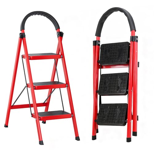 Escabeau pliable à 3 marches avec mains courantes - Avec marches antidérapantes - Pour cuisine, garde-manger, armoires, bureau - Léger et peu encombrant -...