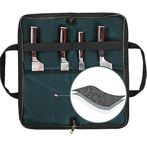 Kaaltisy Chefs Knife Bag, 16OZ Waxed Canvas Knife Holder with Professional Anti Cutting Fabric (Dark Green) - Multi Purpose Kitchen Knife Case with 4 Slots Cover