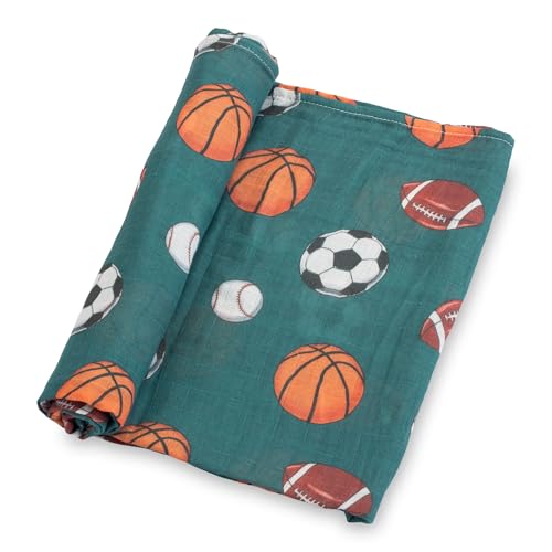 LollyBanks Muslin Swaddle Blankets, 100% Cotton Baby Swaddle Blanket for Boys, Large 47 x 47 Inches Newborn Swaddle, Soft and Breathable Baby Receiving Blankets, Registry (Sports Theme Print)
