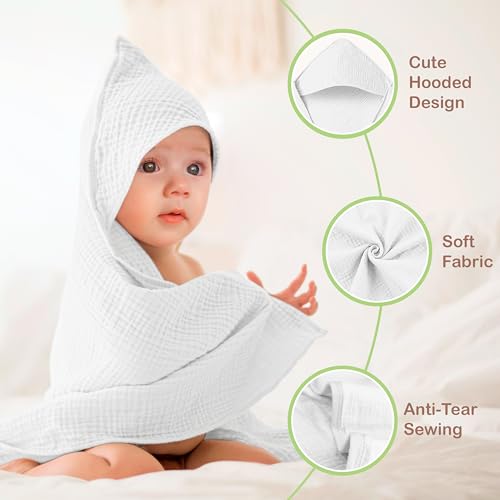 Image of 100% Organic Cotton Muslin Baby Hooded Towel, 32 x 32 in, White, 2 Pack, Soft Absorbent 4-Layer Hooded Bath Towel for Newborns, Infants, Toddlers, Boys, Girls, Oeko-TEX