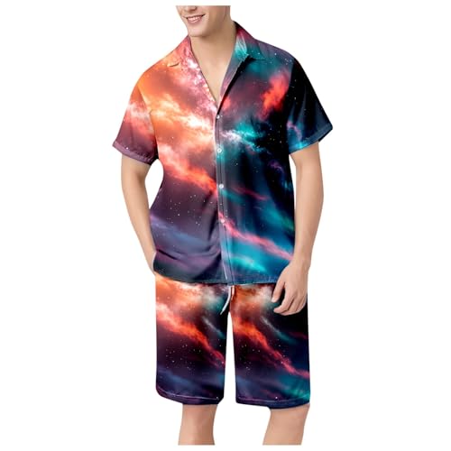 Mens Suits Classic Fit 2 Piece Starry Sky Print Short Sleeve Button Down Lapel Shirts Casual Shorts Pajamas Sets