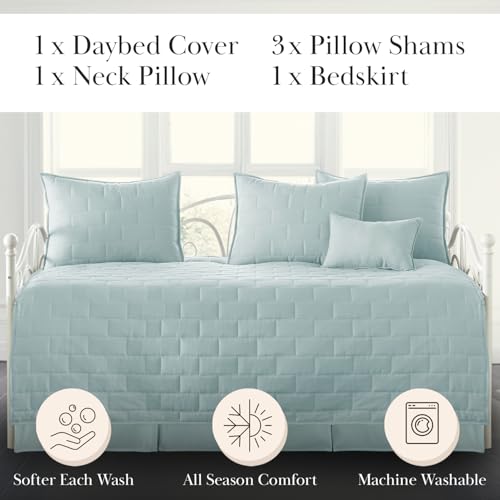 Image of Southshore Fine Living, Inc. Twin Daybed Comforter Set, 6-Piece Twin Bedding Set with Daybed Cover, 3 Pillow Shams, Bed Skirt, Throw Pillow - Day Bed Quilt Set, Brickyard Blue