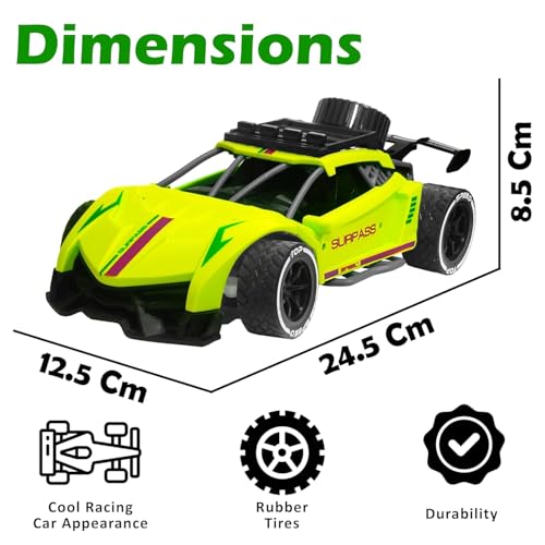 Image of joybox 1:16 Scale RC Racing Car, 2.4GHz Remote Control, Anti-Skid Rubber Tyres, Neon Green with Rear Spoiler and Roof Rack, with Mist Spray