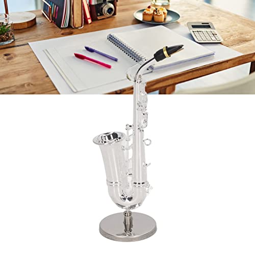 5,5×1,6 Zoll Silber Miniatur Alt Saxophon Ornamente Metall Material Mini Sax Dekoration Musikinstrument Modell Geschenk mit Box Base Tisch Ornament
