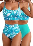 Herseas 2 Piece High Waisted Bikini Set for Women 2026 Summer Spaghetti Straps Push Up Swim Top with Reversible Bottom Bathing Suit Beach Vacation Essentials Turquoise XX-Large