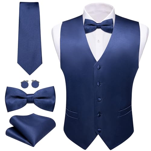 Men's Vest Tie Set Bow Tie Satin V-Neck Solid Colors Suit Waistcoat Cufflinks hanky Formal Wedding Business Tuxedo2