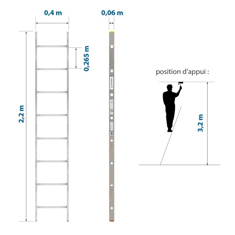 HOSTRÖM Echelle Simple StablePro 8 marches en Aluminium, légère et Durable, Hauteur de Travail maximale 3,2m, Garantie 5 Ans, Charge maximale 150kg