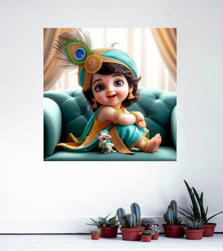 Image of Akki Wold Cute Eyes Sky Blue Krishna Wall Poster Living Room, Office, Pooja Room (Size - 46CM X 46CM)
