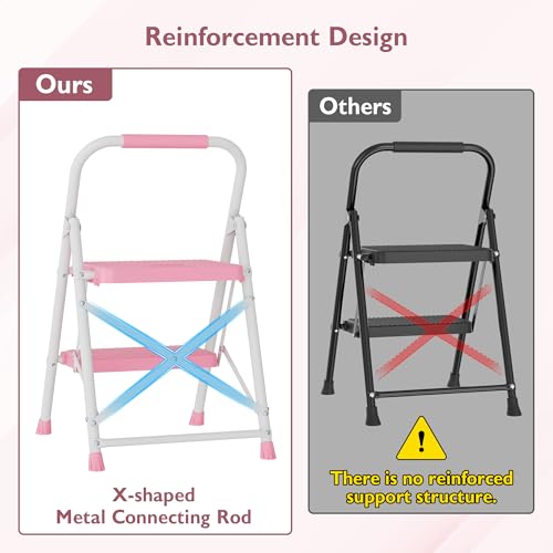 Image of BONTEC 2-Step Ladder, Folding Step Stools for Adults with Wide Anti-Slip Pedals, Max Load Capacity 600lbs Sturdy Steel Ladder, Lightweight, Convenient Handle, Portable Steel Step Stool, Pink