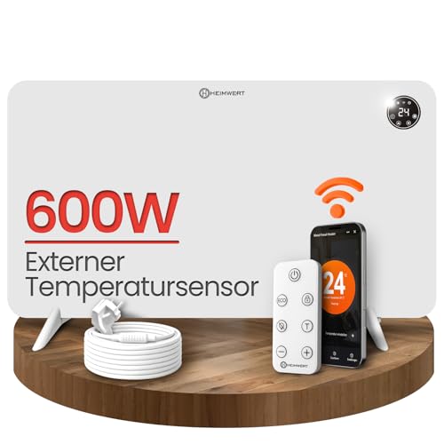 HEIMWERT Infrarot Wandheizung - Sofort Wohlfühlwärme - Senkt Heizkosten enorm - Luxusausstattung mit Thermostat + App - Langlebig Geräuschlos - 2in1 Wandmontage und Standgerät (weiß - 600Watt)