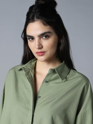 Image of High Star Relaxed Oversized Spread Collar Long Sleeve Cotton Longline Casual Shirt