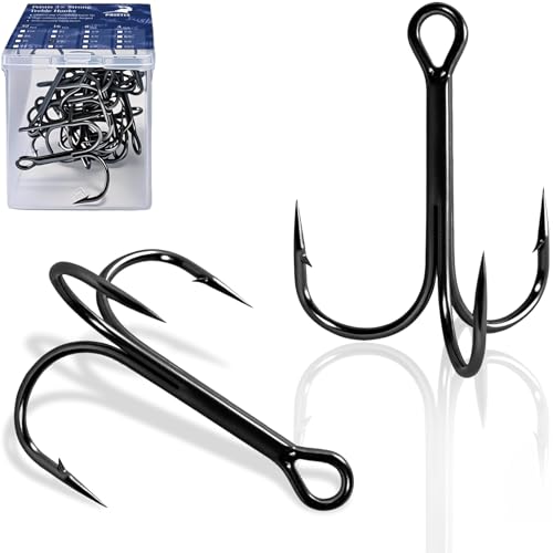 Pristis 16 Pack 1/0 3X Strong Fishing Treble Hooks High Carbon Steel Sharp Barbed Tripple Round Bend Hook Kit Set for Lure Bait Needle Point for Saltwater Freshwater Bass Trout Tuna Catfish Pike