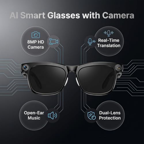 Image of AI Smart Glasses with Camera, 8MP HD Camera Glasses for Men Women | Photo Capture,Object Recognition,Video Recording Sunglasses,Real Time Translation,Voice Assistant, Bluetooth Open-Ear Music