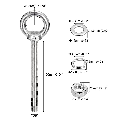 Image of uxcell Lifting Eye Bolt, 2 Sets M8x100mm Eye Bolt with Nut Washer 304 Stainless Steel Shoulder Lifting Ring Eye Bolt for Hanging Item