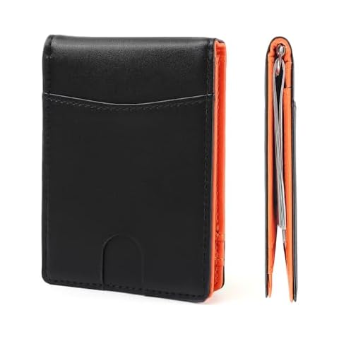 MUXILING Slim Wallets for Men Leather Money Clip RFID Blocking Mens Wallet Minimalist Front Pocket Credit Card Holder Thin Wallets for Men, Black Orange Cover