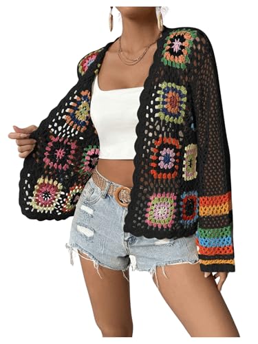 Image of SHENHE Women's Floral Crochet Cardigan Hollow Out Open Front Long Sleeve Cardigan Sweater