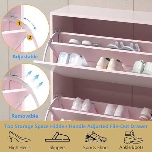 Image of Shoe Storage Cabinet for Entryway, Pink Shoe Cabinet with 3 Flip Drawers, Hidden Shoes Rack Freestanding Storage Organizer for Entryway,Closet, Living Room,Hallway 47.24 inchH x 31.50 inchW x 9.44 inchD