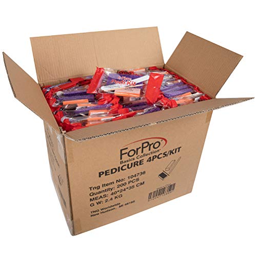 ForPro Basics 4-Piece Pedi Kit, Purple Pumice Pad, White Wood Nail File 100/180 Grit, Orange Mini Buffer 100/180 Grit, Wood Stick, 200-Count