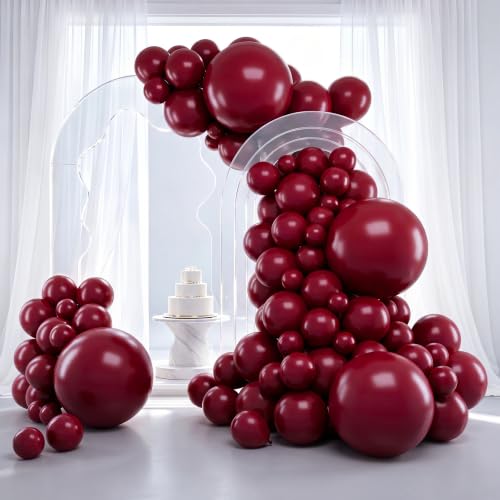 RUBFAC Burgundy Balloons 129pcs Different Sizes Pack of 18 12 10 5 Inch Latex Maroon Dark Ruby Red Balloon Garland Arch Kit for Wedding Anniversary Birthday Party Decorations