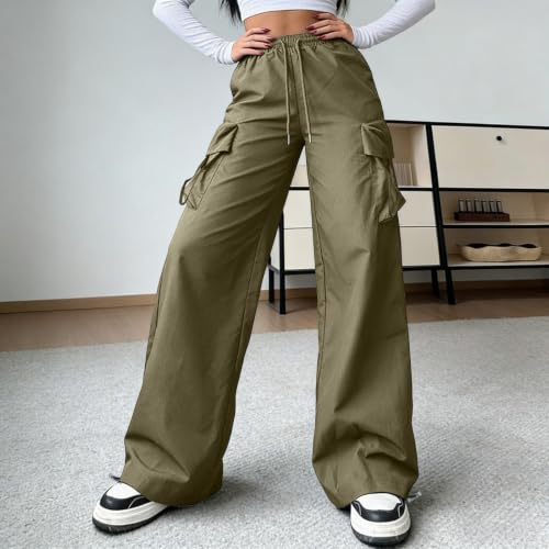 Women Y2K Cargo Pants Baggy Elastic High Waist Parachute Pants Plus Size Casual Going Out Hiking Straight Trousers Army Green - image 6
