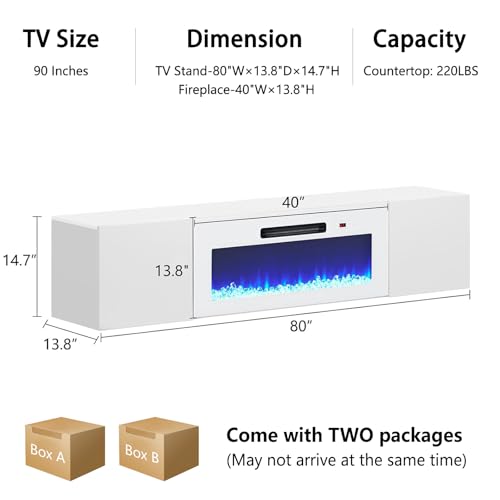 Image of AMERLIFE Floating Fireplace TV Stand, Wall Mounted Mirrored Entertainment Center with 40 inch Electric Fireplace, Modern LED Lights Media Console for TVs Up to 90 inch, All White