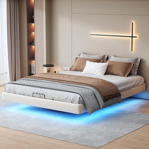 KEFSR 160 x 200 cm, marco de cama flotante moderno con almacenamiento hidráulico, cama tapizada de poliuretano con luces LED, marco minimalista sin cabecero