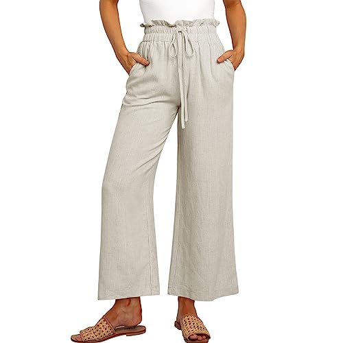Summer Linen Pant for Women Wide Leg Palazzo Pants Casual Loose Ruffle Waist Capri Drawstring Beach Trousers