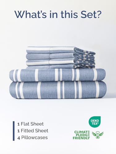Image of Extra Deep Cal King Sheet Set - 6 Piece Breathable & Cooling - Blue Stripes | Hotel Luxury Bed Sheets Set, Easy & Secure Fit, Ultra-Soft, Wrinkle & Fade Free, Comfy Sheets Set with Extra Deep Pockets