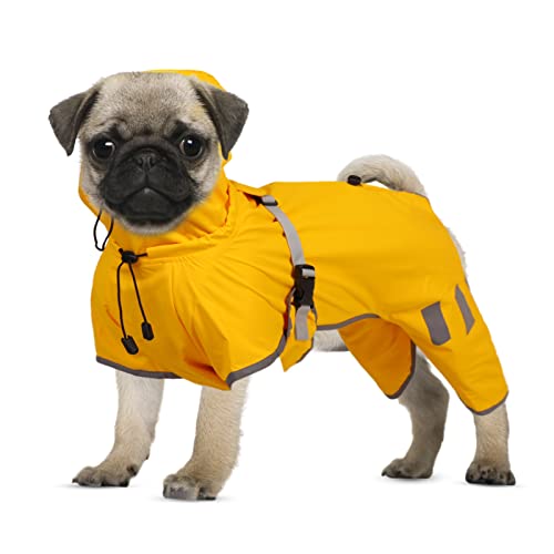 ASENKU Hunde-Regenjacke mit reflektierenden Streifen, verstellbarer Bauchgurt, leicht, vierbeiniges Design mit Kapuze, Gelb, 3XL Cover