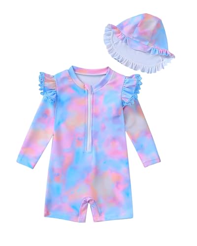 Image of Toddler Girl Swimsuit Baby Girl Bathing Suit Long Sleeve Floral Zipper One-Piece Rash Guard Swimsuit with Hat