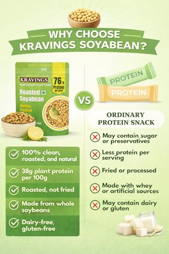 Image of Kravings Roasted Soyabean Protein Snack| Nimbu Pudina Flavour| | 38g Protein per 100g | High Protein, Roasted Not Fried | Crunchy & Tasty Healthy Snack | No Palm Oil, Zero Trans Fat, 200g